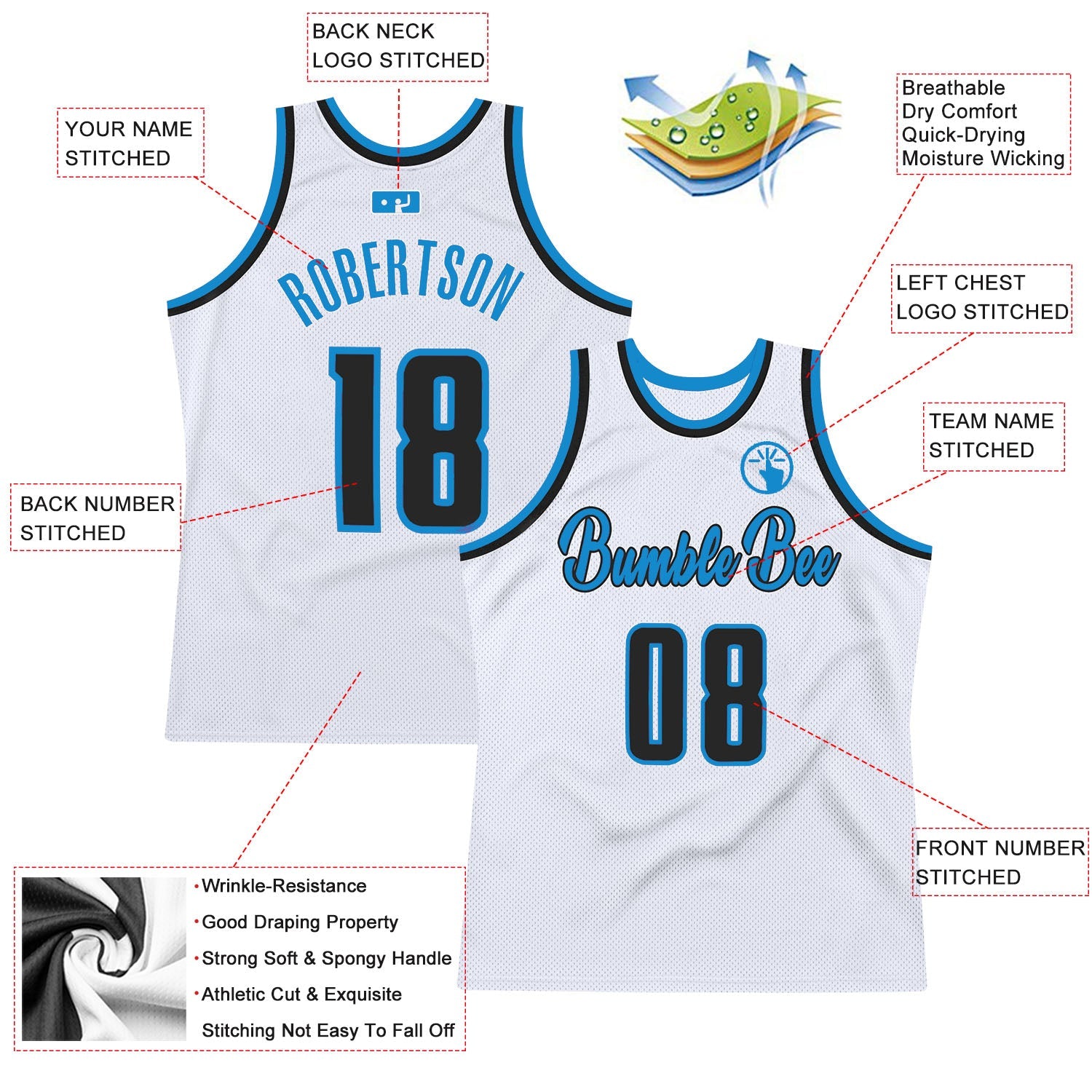 Custom White Black-Blue Authentic Throwback Basketball Jersey view 2