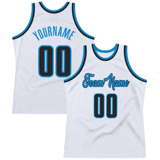 Custom White Black-Blue Authentic Throwback Basketball Jersey - Main View