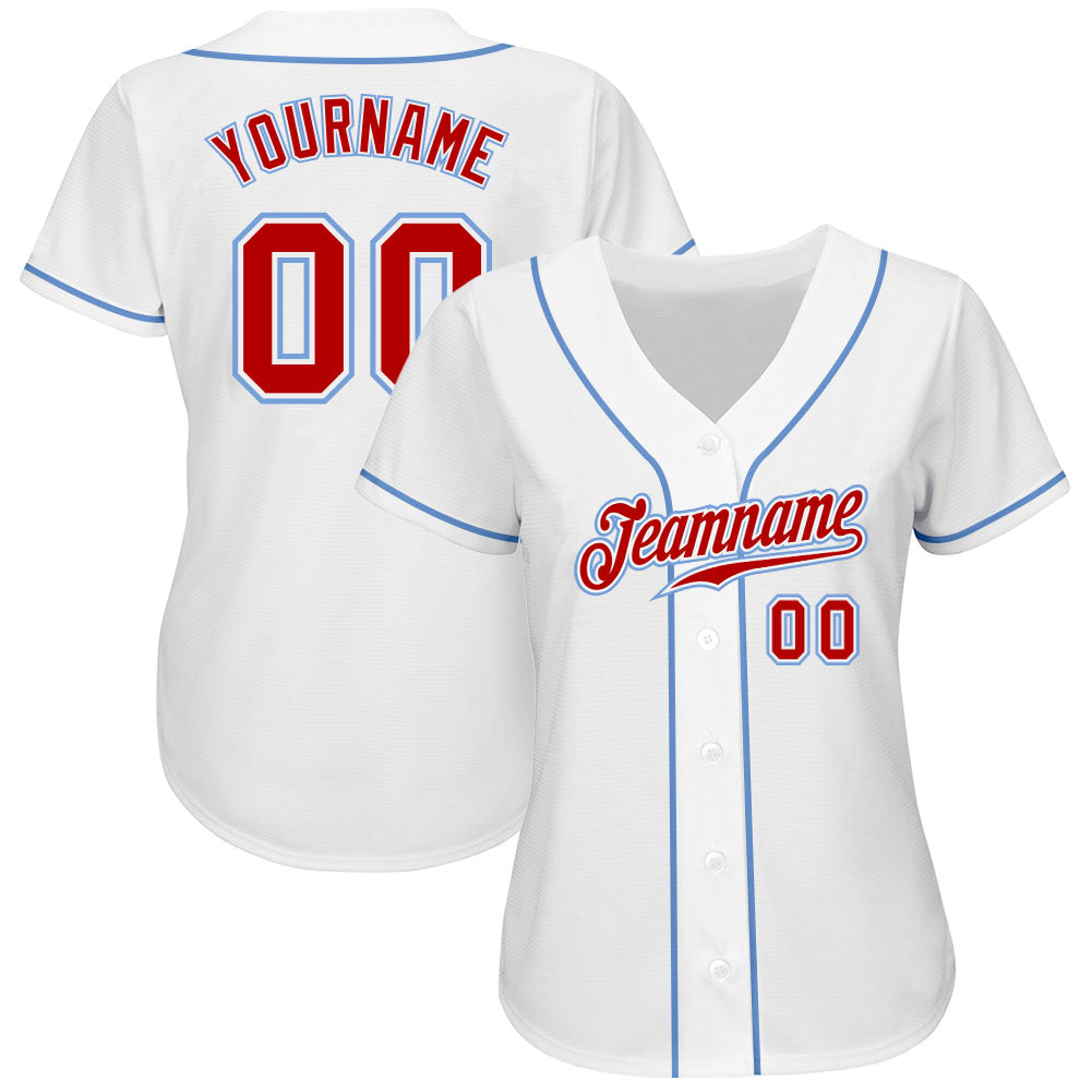 Custom White Red-Light Blue Authentic Baseball Jersey view 3
