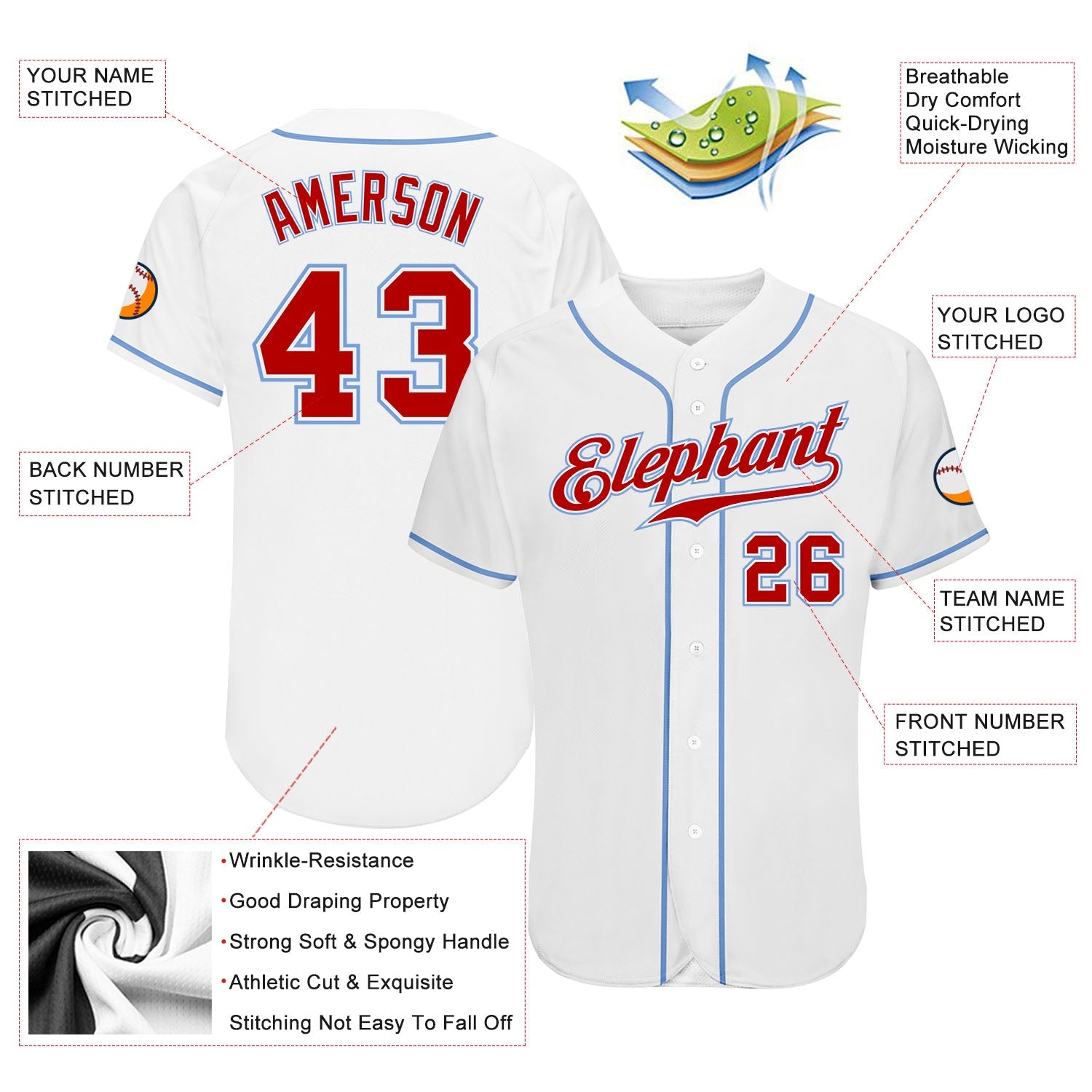 Custom White Red-Light Blue Authentic Baseball Jersey view 4