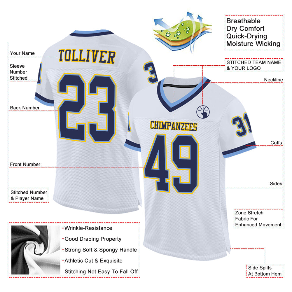 Custom White Navy-Light Blue Mesh Authentic Throwback Football Jersey view 2