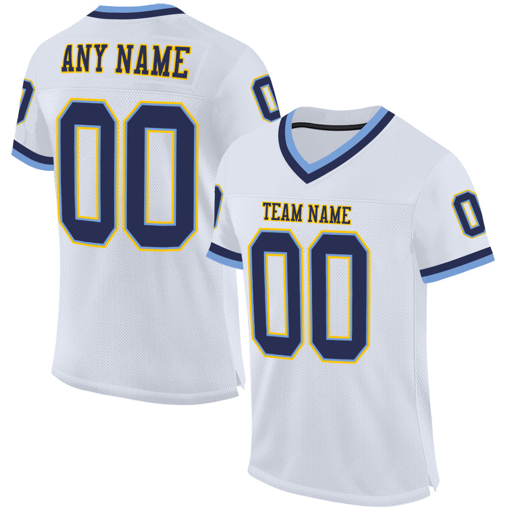 Custom White Navy-Light Blue Mesh Authentic Throwback Football Jersey - Main View