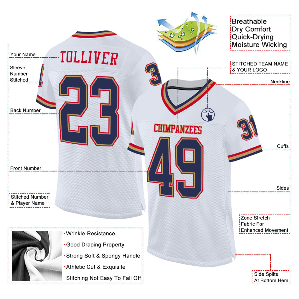 Custom White Navy-Red Mesh Authentic Throwback Football Jersey view 2