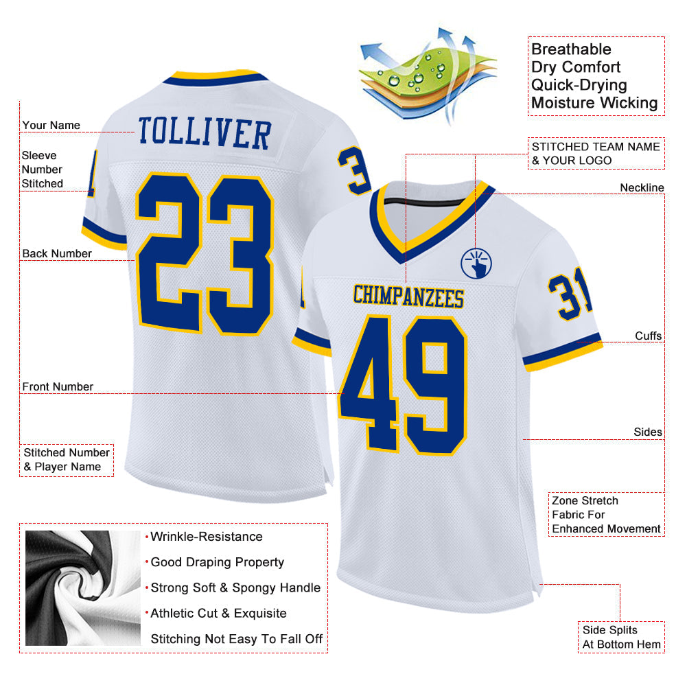 Custom White Royal-Gold Mesh Authentic Throwback Football Jersey view 2