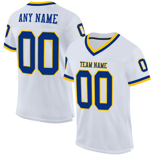 Custom White Royal-Gold Mesh Authentic Throwback Football Jersey - Main View