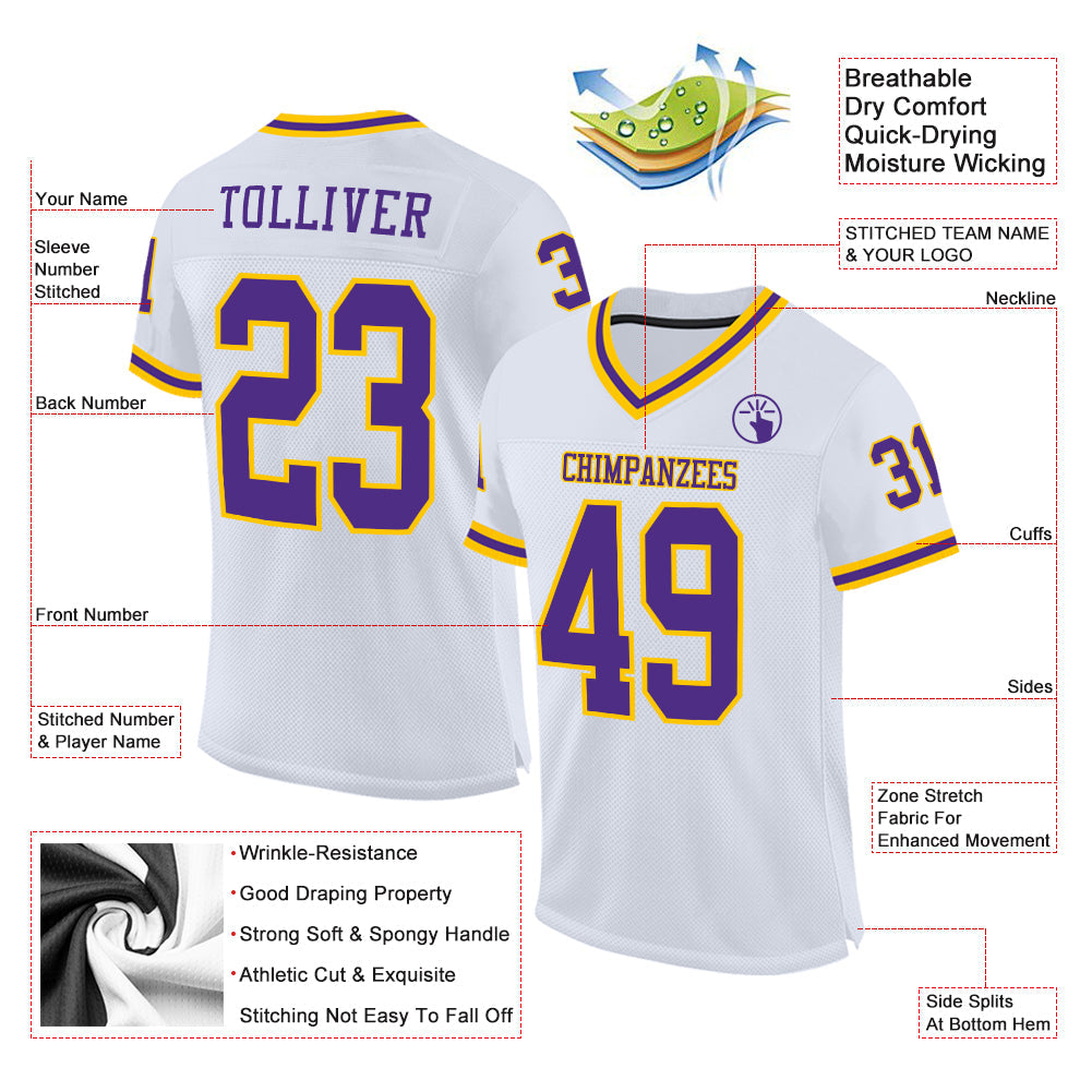 Custom White Purple-Gold Mesh Authentic Throwback Football Jersey view 2