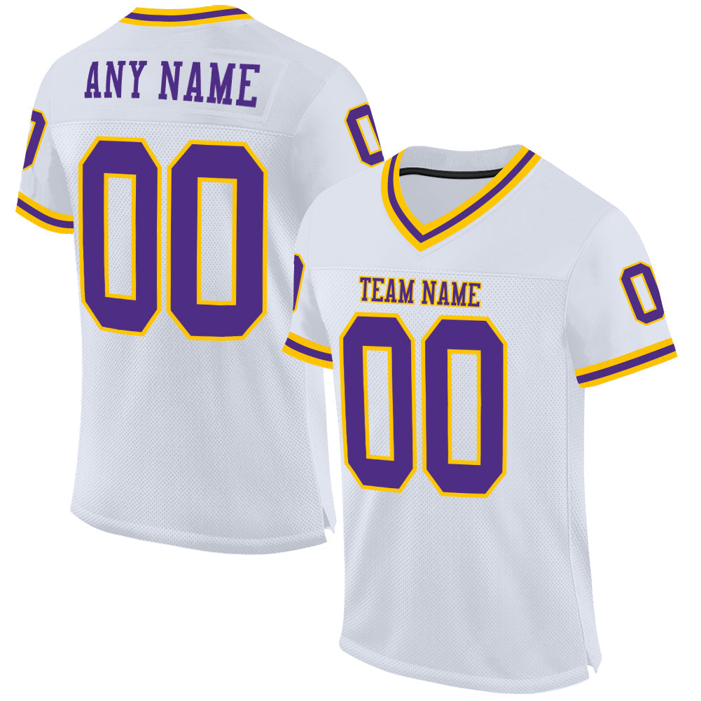 Custom White Purple-Gold Mesh Authentic Throwback Football Jersey - Main View