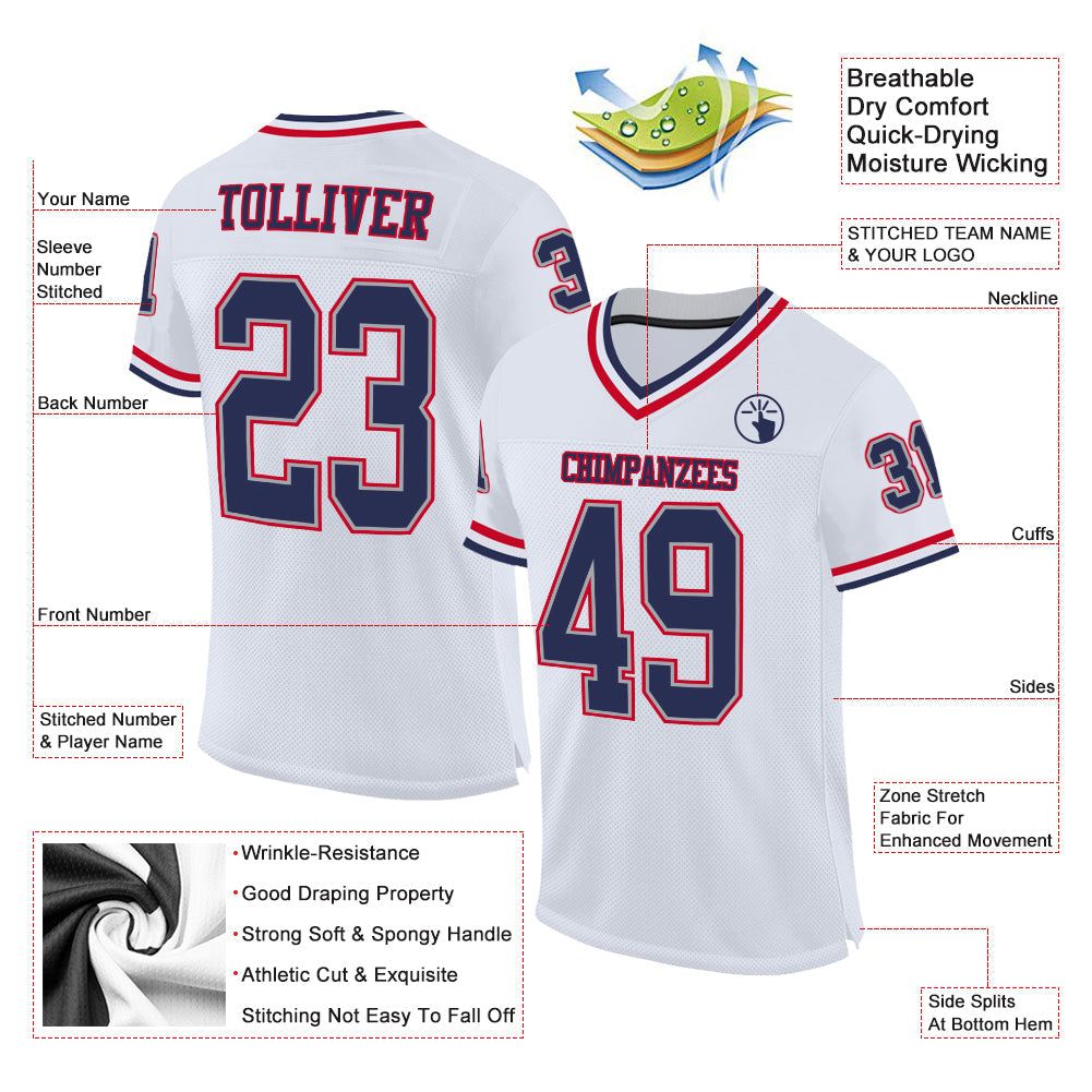 Custom White Navy-Red Mesh Authentic Throwback Football Jersey view 2