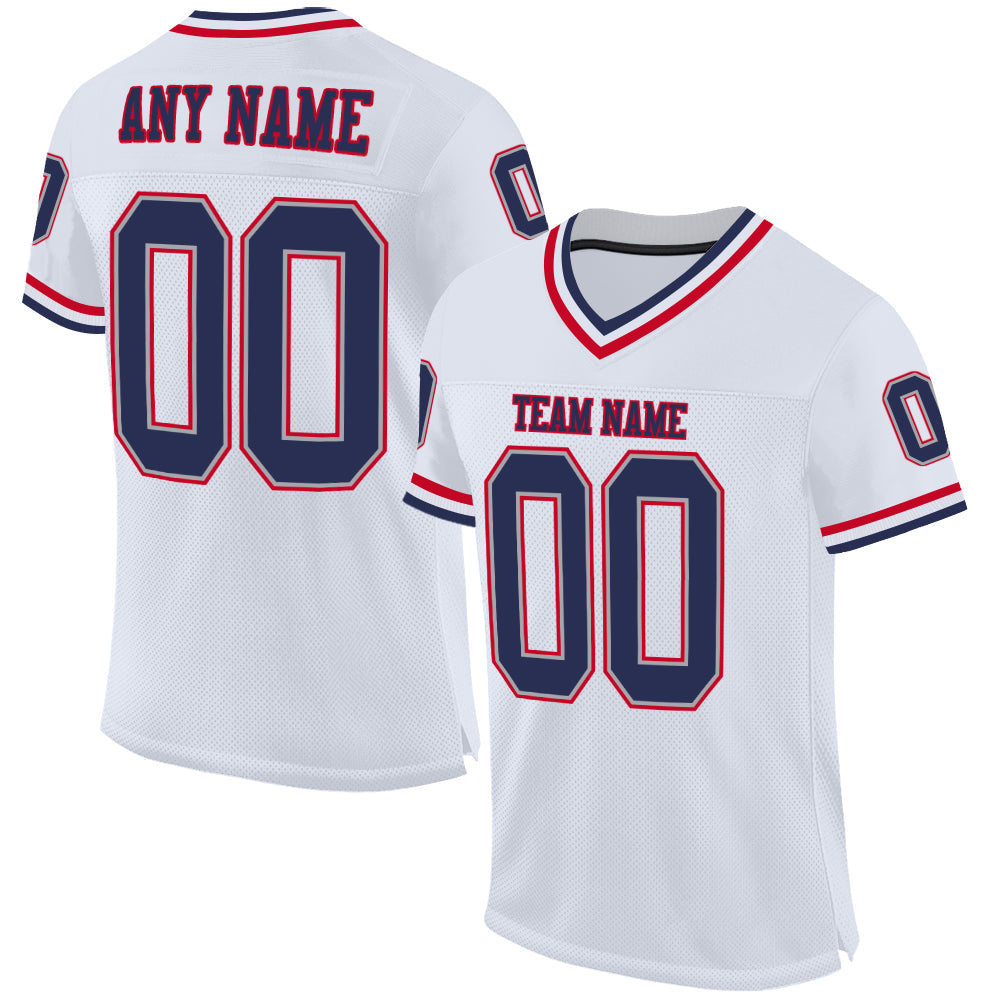 Custom White Navy-Red Mesh Authentic Throwback Football Jersey - Main View