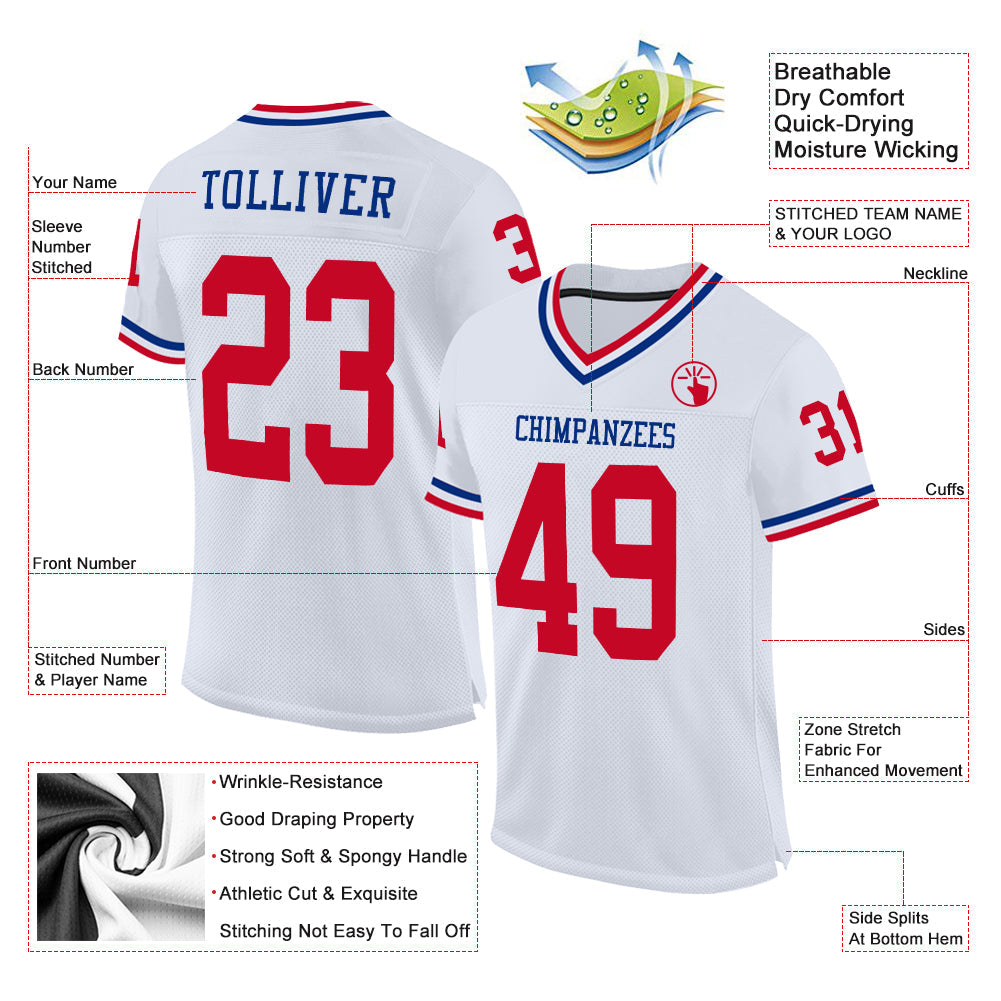 Custom White Red-Royal Mesh Authentic Throwback Football Jersey view 2
