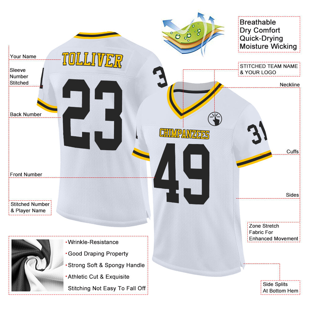 Custom White Black-Gold Mesh Authentic Throwback Football Jersey view 2