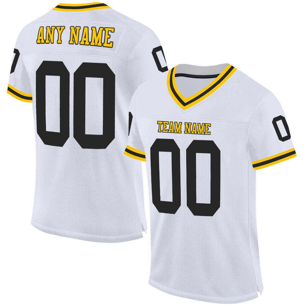 Custom White Black-Gold Mesh Authentic Throwback Football Jersey - Main View