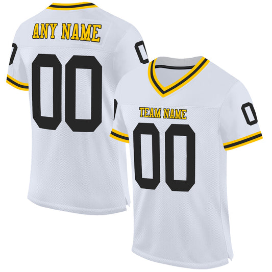 Custom White Black-Gold Mesh Authentic Throwback Football Jersey - Main View