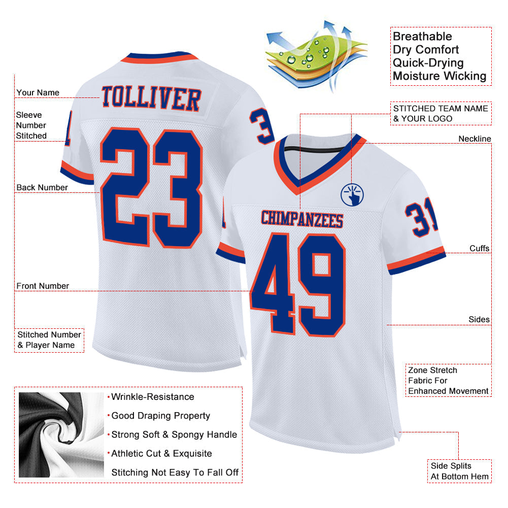 Custom White Royal-Orange Mesh Authentic Throwback Football Jersey view 2