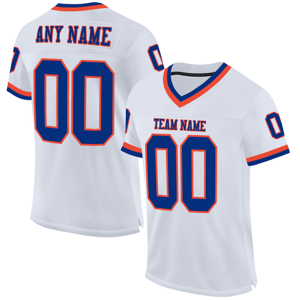 Custom White Royal-Orange Mesh Authentic Throwback Football Jersey - Main View