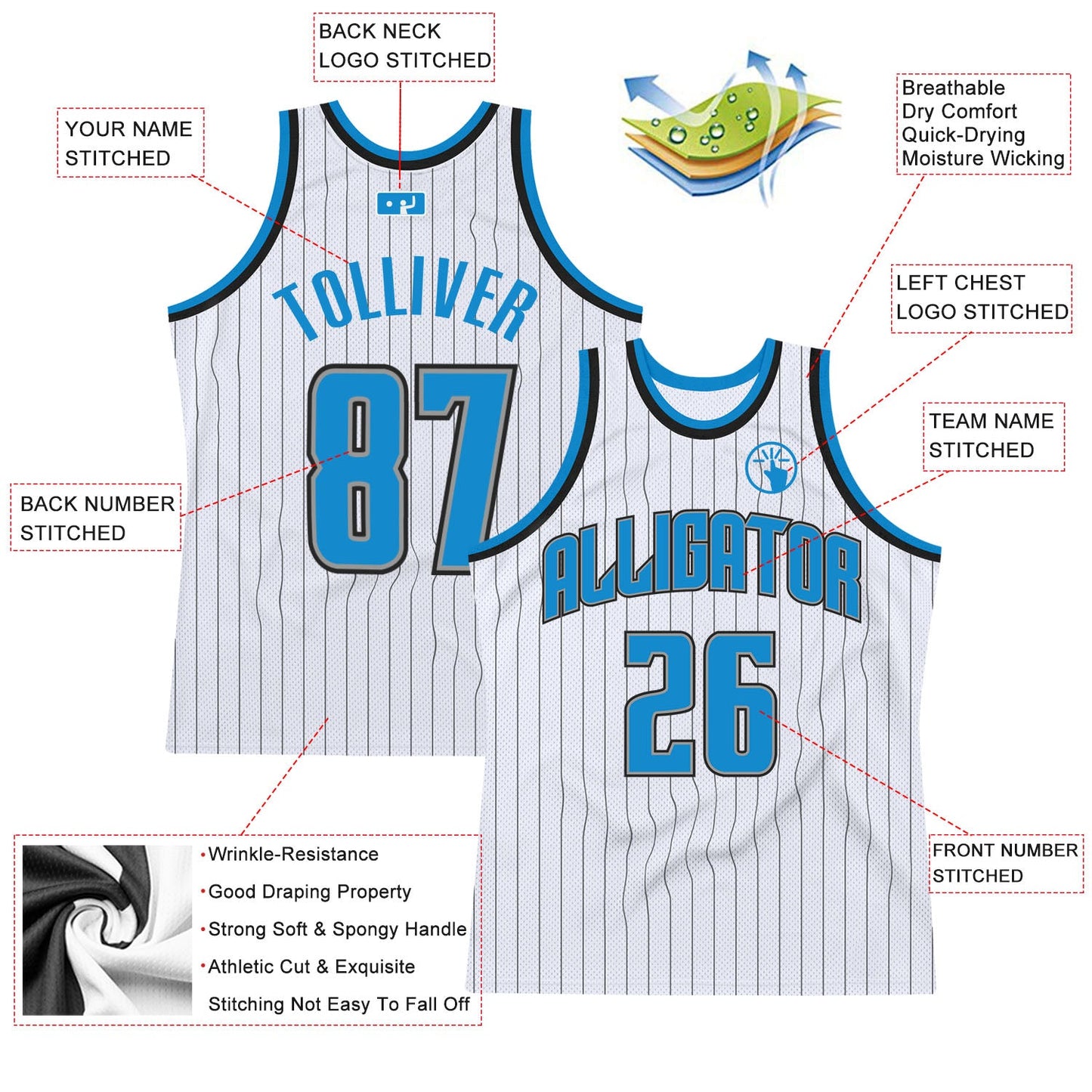 Custom White Black Pinstripe Blue-Gray Authentic Basketball Jersey view 2