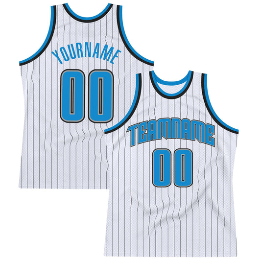 Custom White Black Pinstripe Blue-Gray Authentic Basketball Jersey - Main View