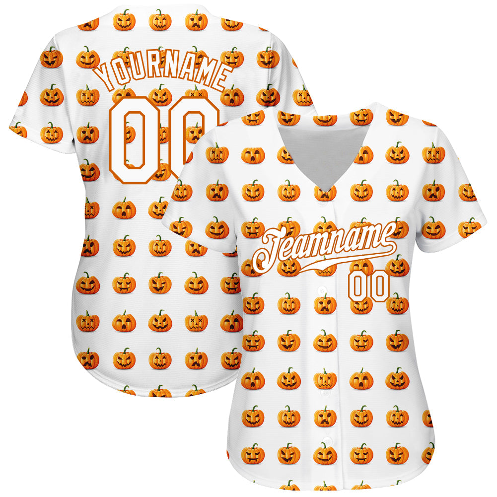Custom White White-Texas Orange 3D Pattern Design Halloween Pumpkins Funny Faces Authentic Baseball Jersey view 2