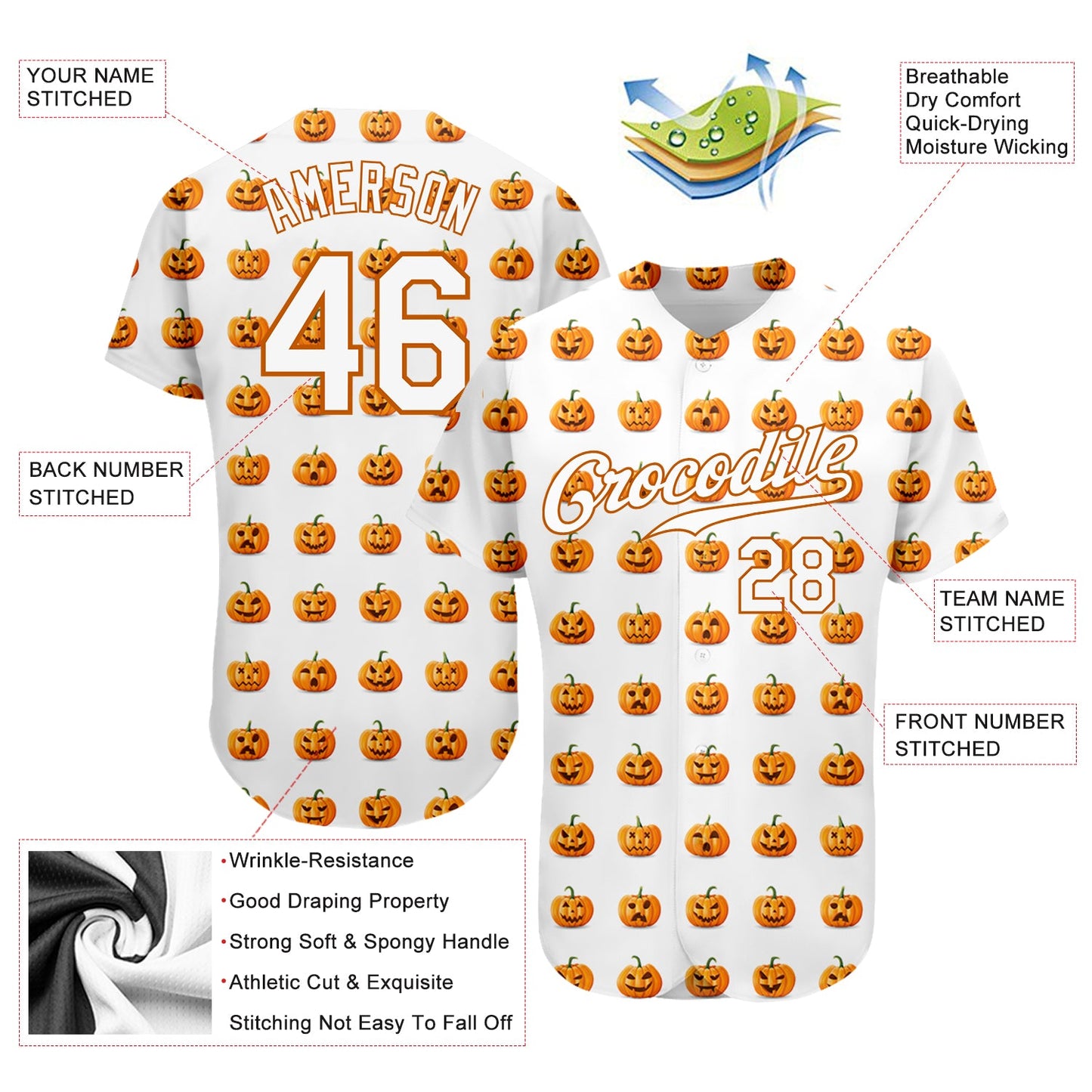 Custom White White-Texas Orange 3D Pattern Design Halloween Pumpkins Funny Faces Authentic Baseball Jersey view 3