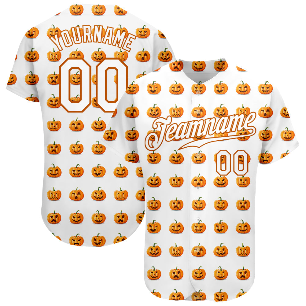 Custom White White-Texas Orange 3D Pattern Design Halloween Pumpkins Funny Faces Authentic Baseball Jersey - Main View
