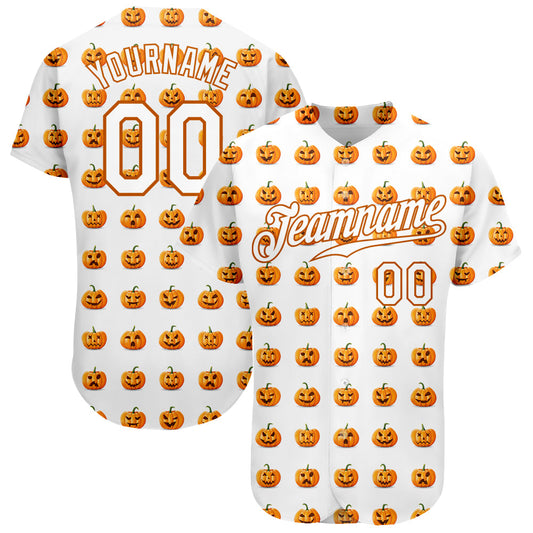 Custom White White-Texas Orange 3D Pattern Design Halloween Pumpkins Funny Faces Authentic Baseball Jersey - Main View