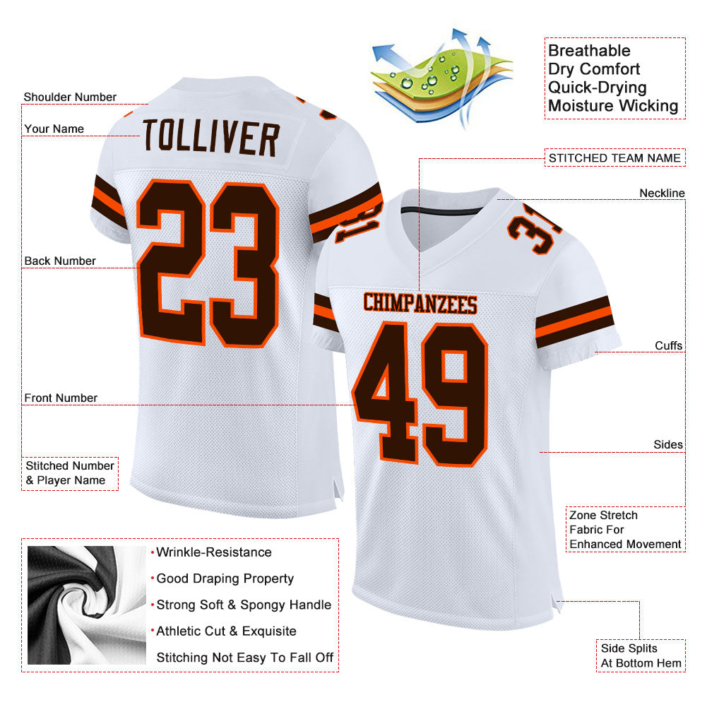 Custom White Brown-Orange Mesh Authentic Football Jersey view 2