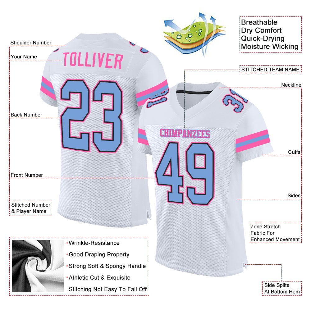 Custom White Light Blue-Pink Mesh Authentic Football Jersey view 3