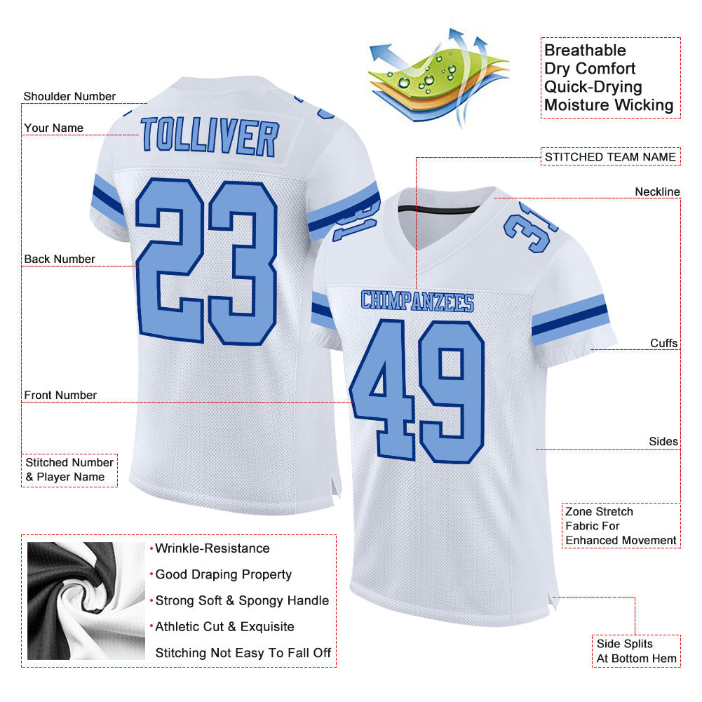 Custom White Light Blue-Royal Mesh Authentic Football Jersey view 2