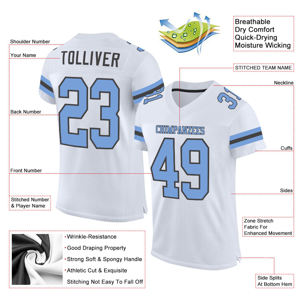 Custom White Light Blue-Steel Gray Mesh Authentic Football Jersey view 2
