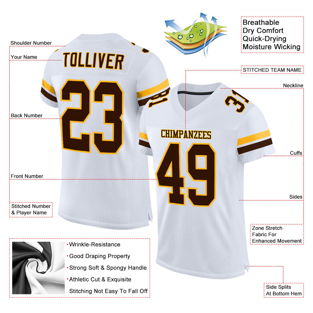 Custom White Brown-Gold Mesh Authentic Football Jersey view 2