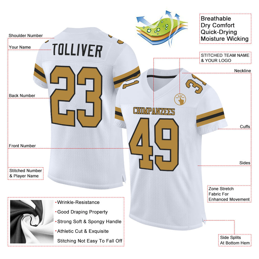 Custom White Old Gold-Black Mesh Authentic Football Jersey view 2