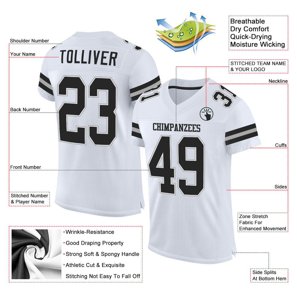 Custom White Black-Gray Mesh Authentic Football Jersey view 2