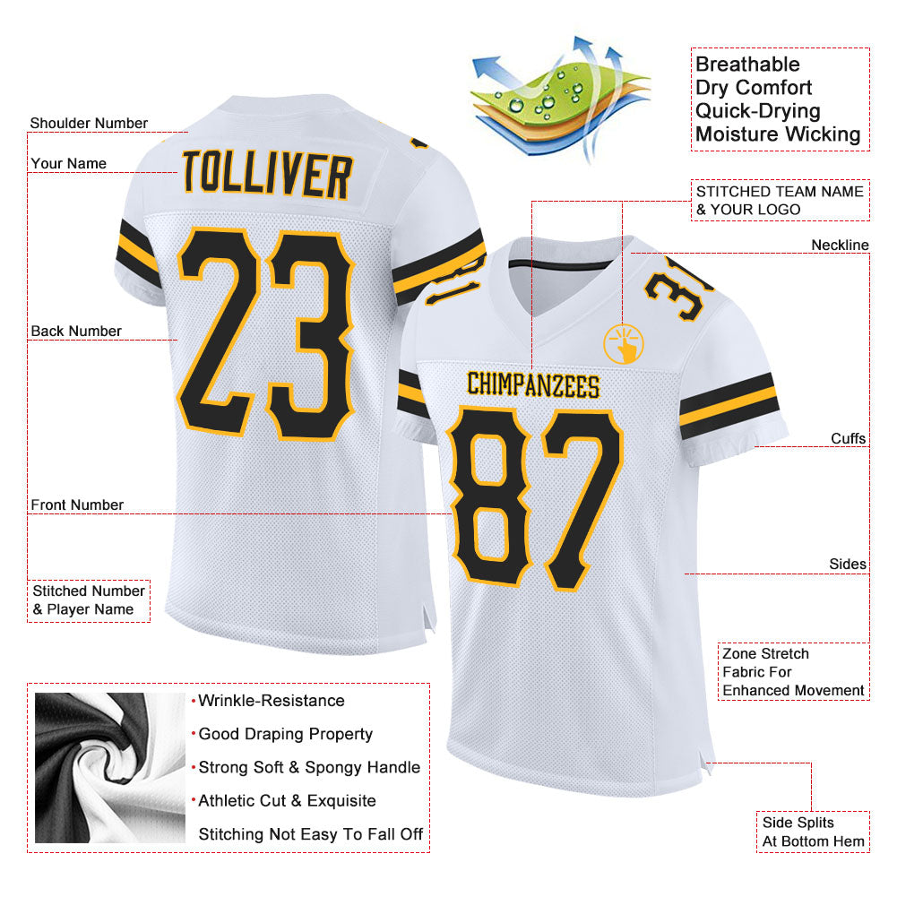 Custom White Black-Gold Mesh Authentic Football Jersey view 2