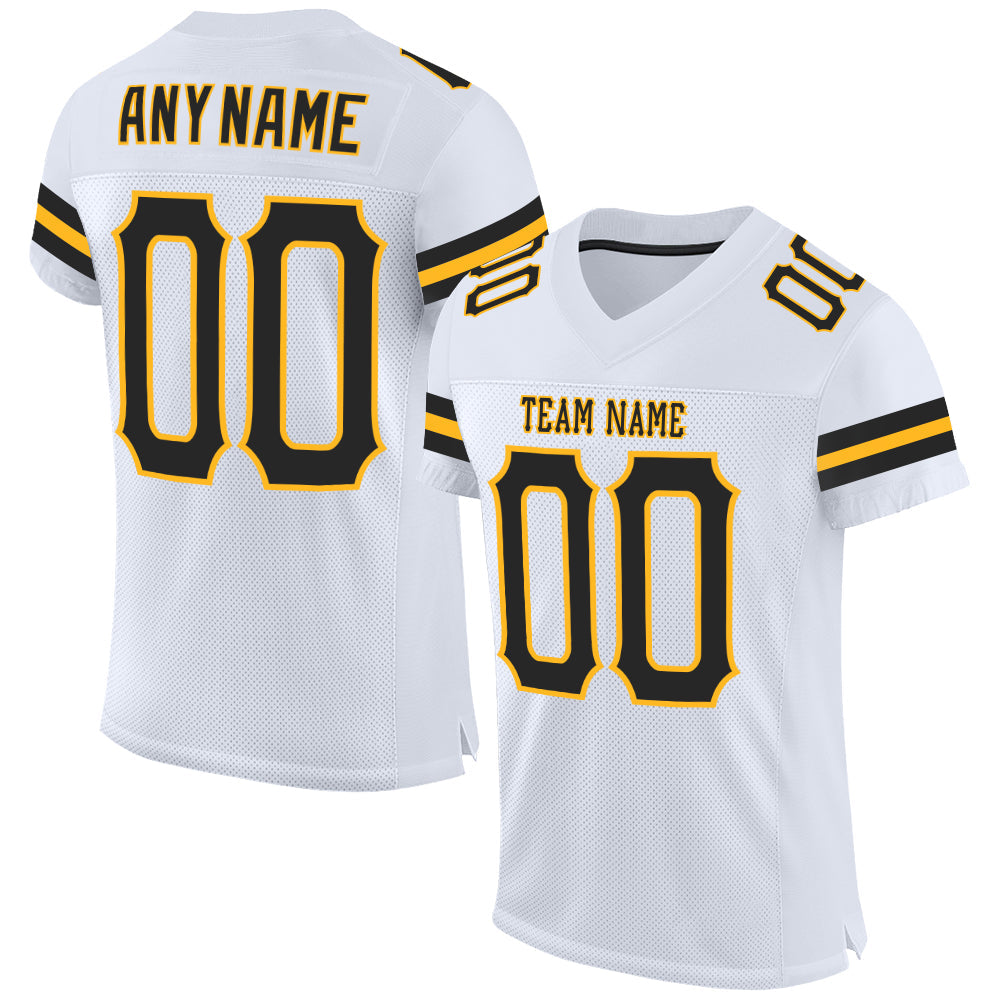 Custom White Black-Gold Mesh Authentic Football Jersey - Main View