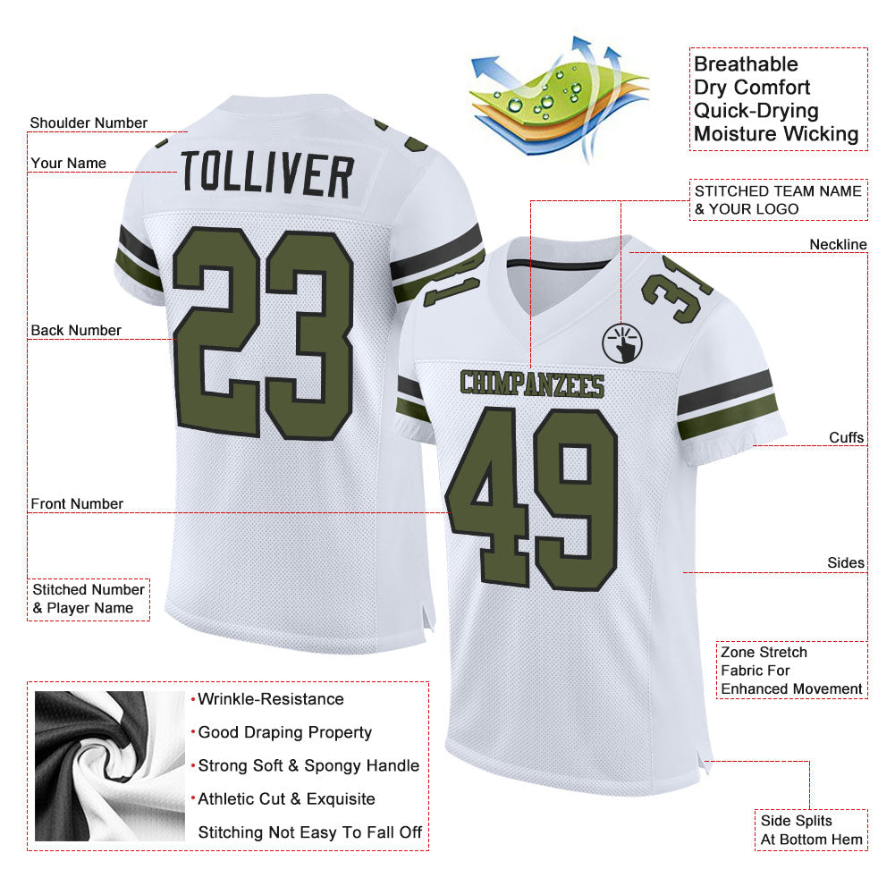 Custom White Olive-Black Mesh Authentic Football Jersey view 2