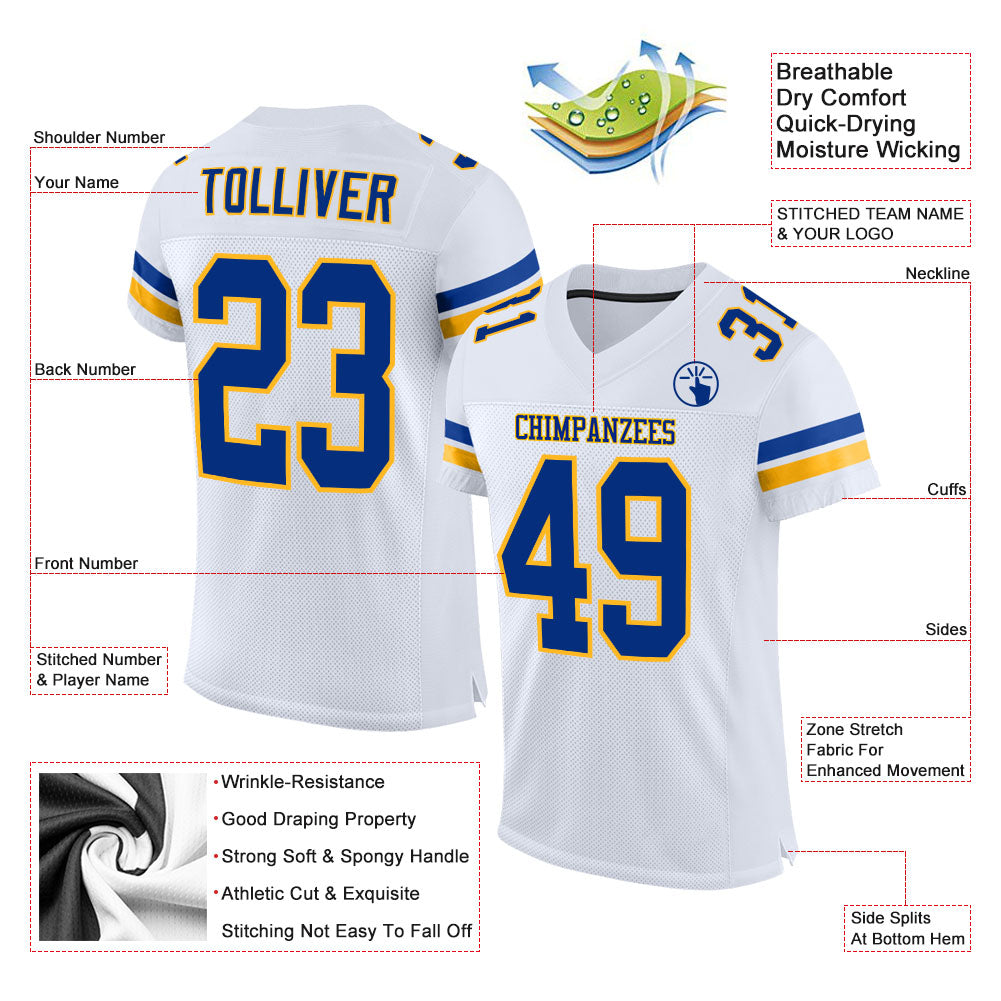 Custom White Royal-Gold Mesh Authentic Football Jersey view 2