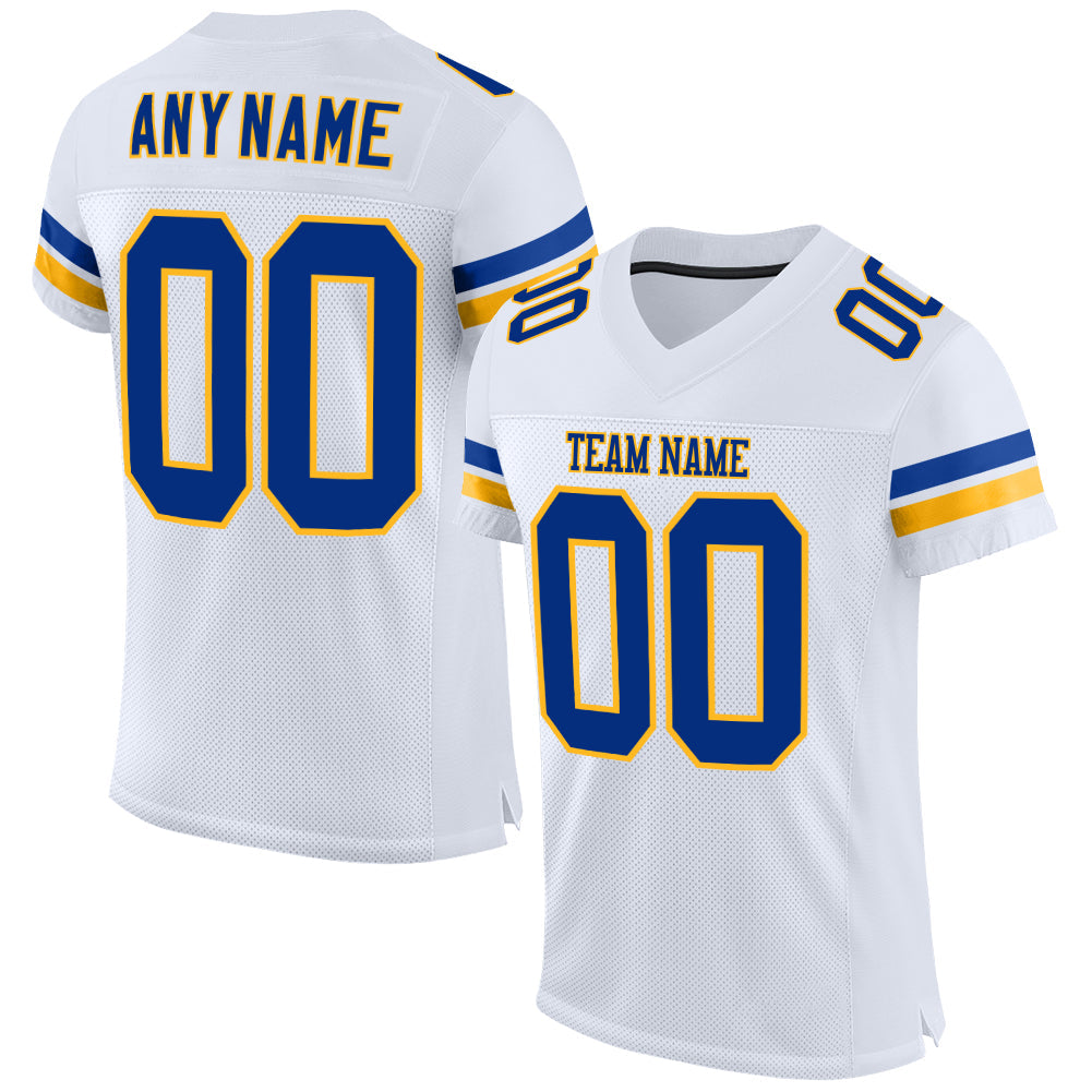 Custom White Royal-Gold Mesh Authentic Football Jersey - Main View