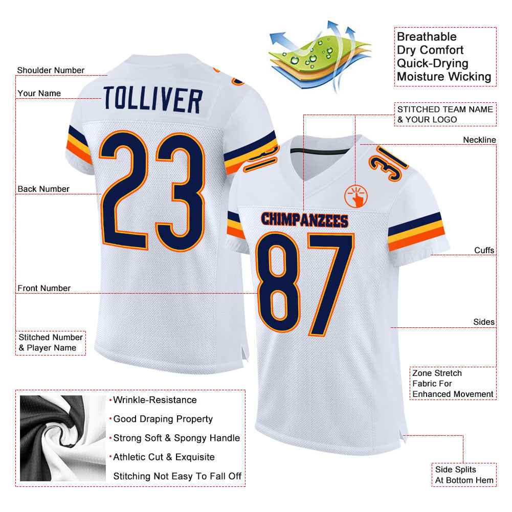 Custom White Navy-Orange Mesh Authentic Football Jersey view 2
