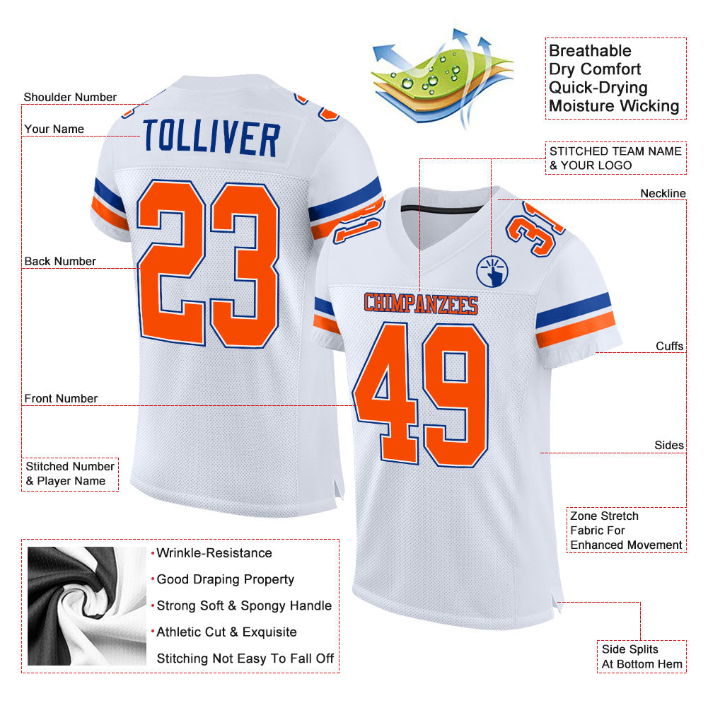 Custom White Orange-Royal Mesh Authentic Football Jersey view 2
