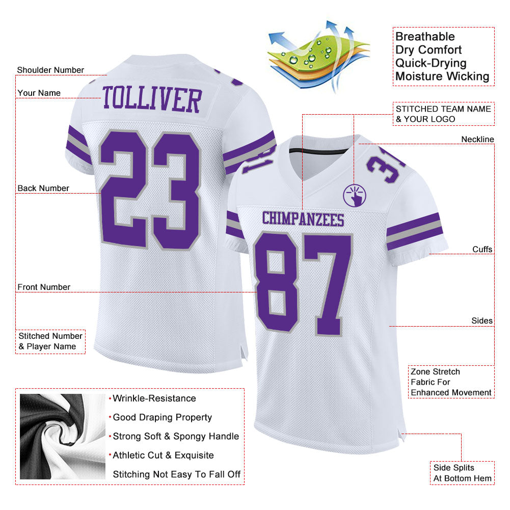 Custom White Purple-Gray Mesh Authentic Football Jersey view 2