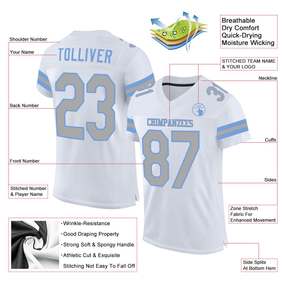 Custom White Gray-Light Blue Mesh Authentic Football Jersey view 2