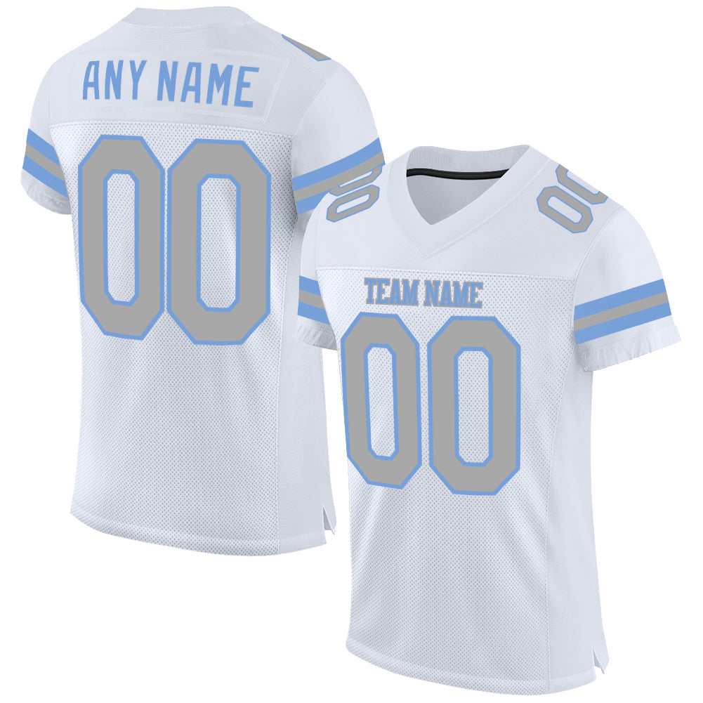Custom White Gray-Light Blue Mesh Authentic Football Jersey - Main View