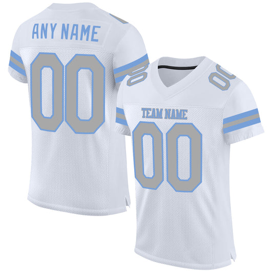 Custom White Gray-Light Blue Mesh Authentic Football Jersey - Main View