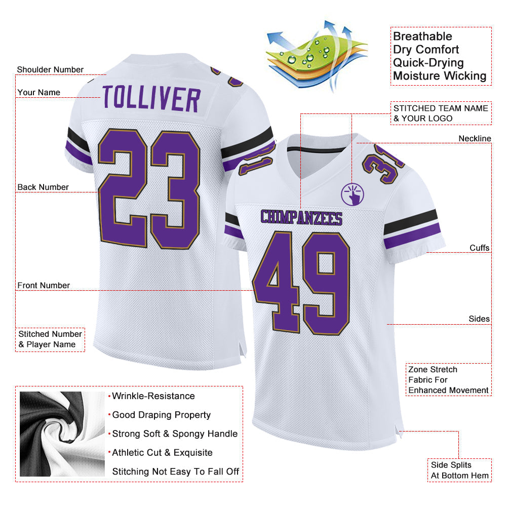 Custom White Purple-Old Gold Mesh Authentic Football Jersey view 2