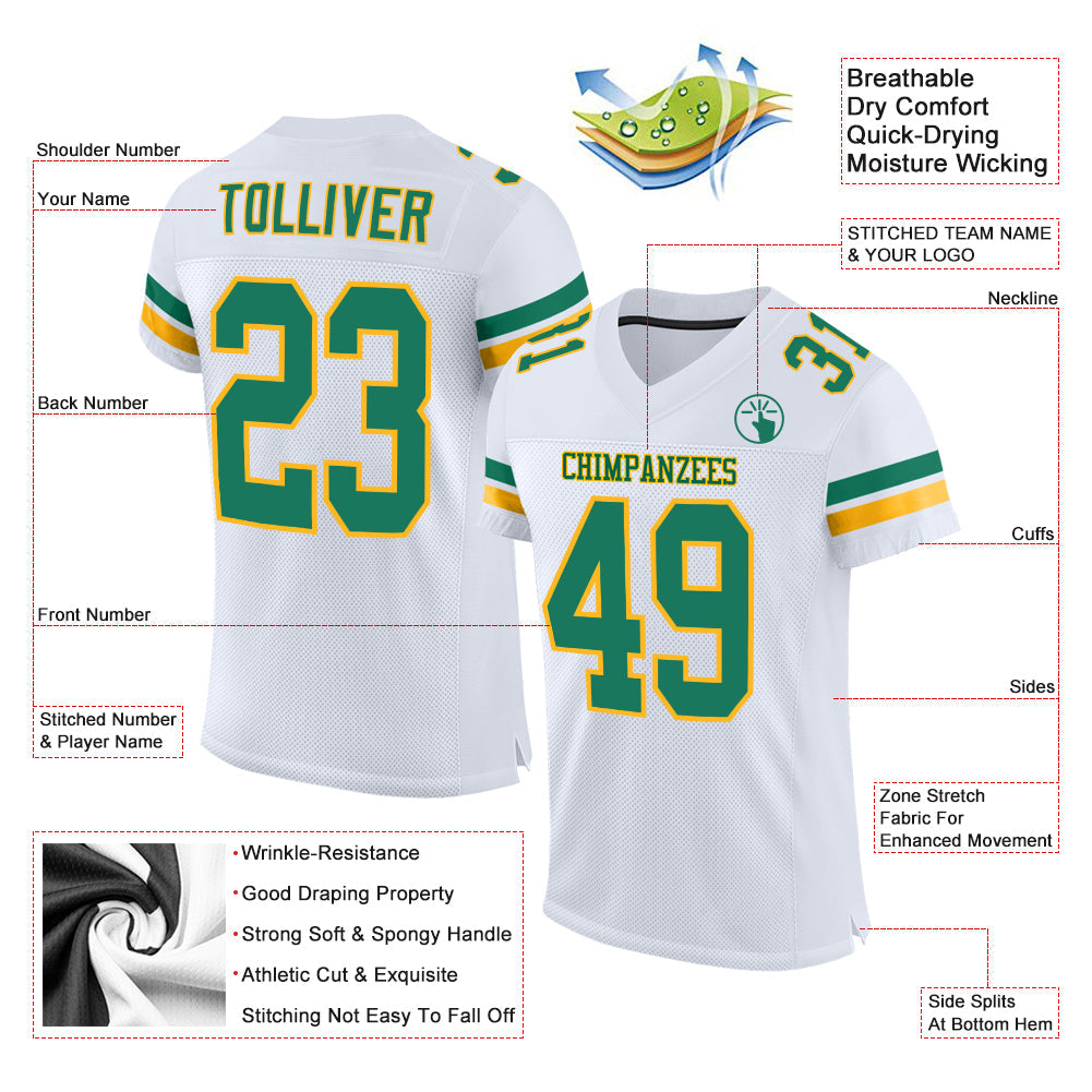 Custom White Kelly Green-Gold Mesh Authentic Football Jersey view 2