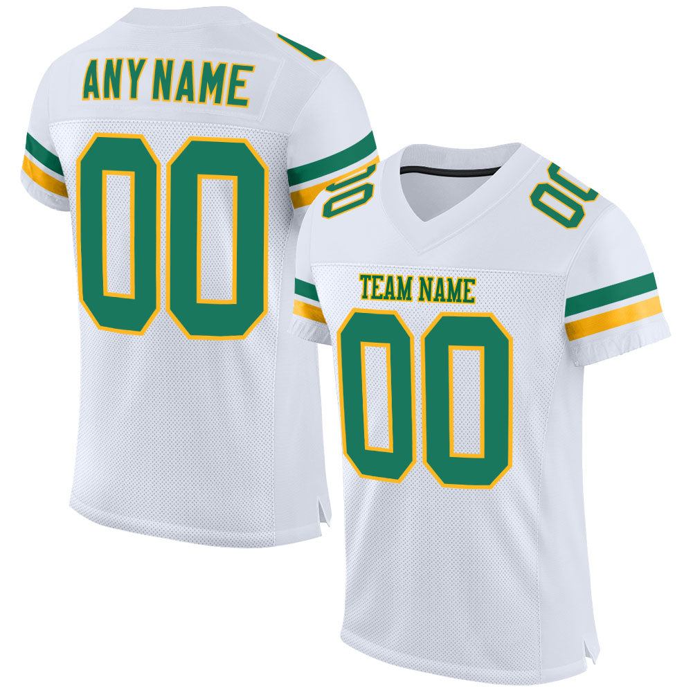 Custom White Kelly Green-Gold Mesh Authentic Football Jersey - Main View