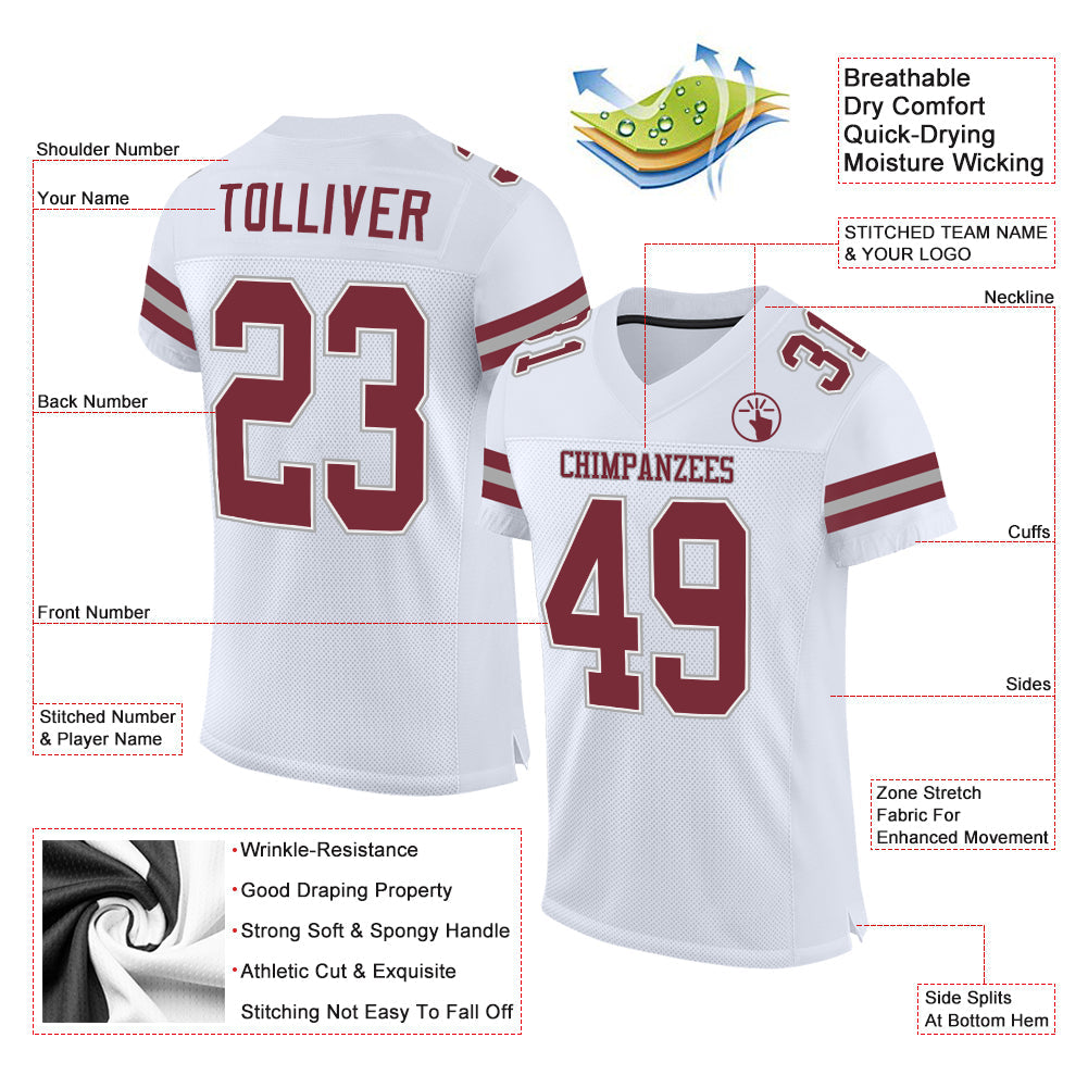 Custom White Burgundy-Gray Mesh Authentic Football Jersey view 2