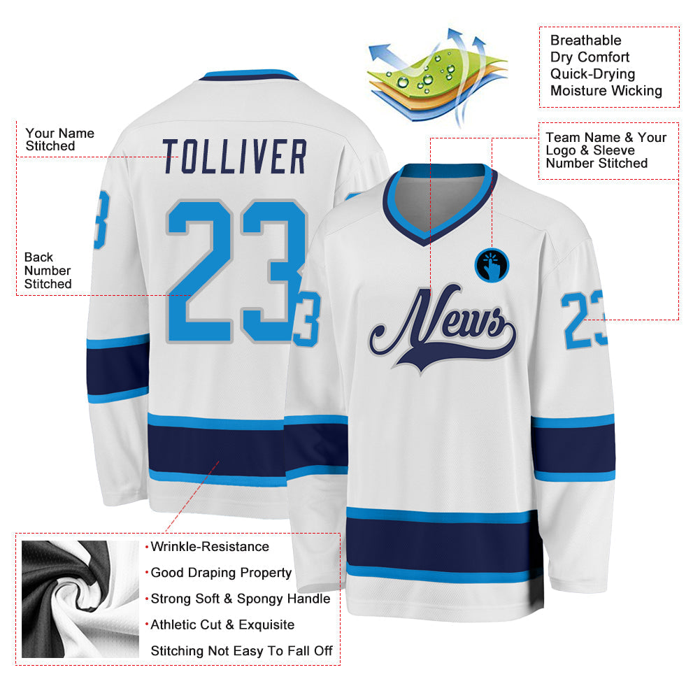 Custom White Blue-Navy Hockey Jersey view 2