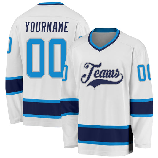 Custom White Blue-Navy Hockey Jersey - Main View