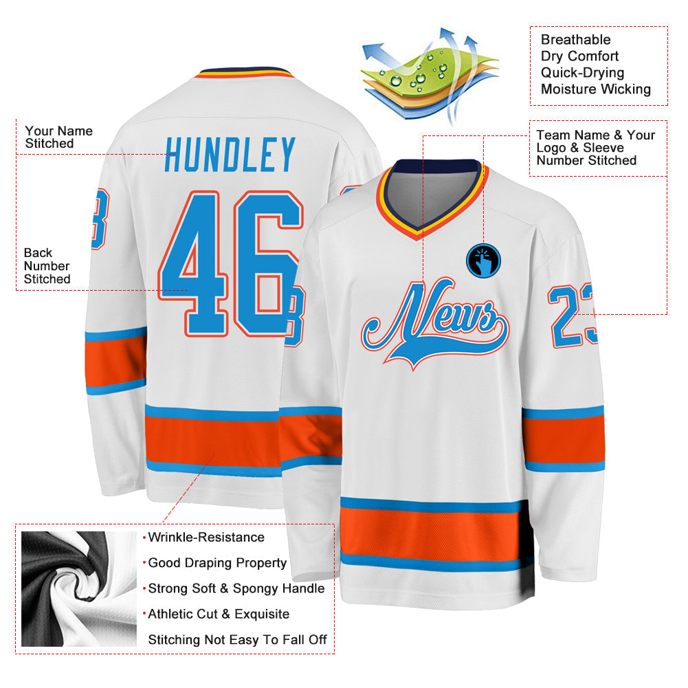 Custom White Blue-Orange Hockey Jersey view 2